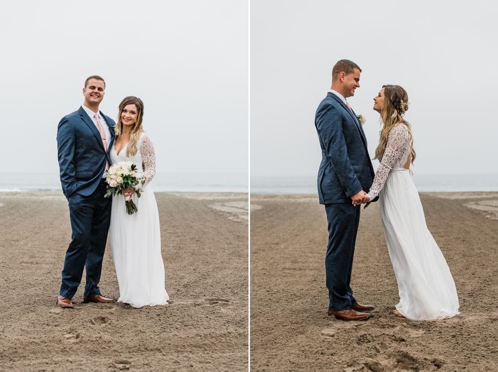 Photos of bride and groom on the beach after the ceremony