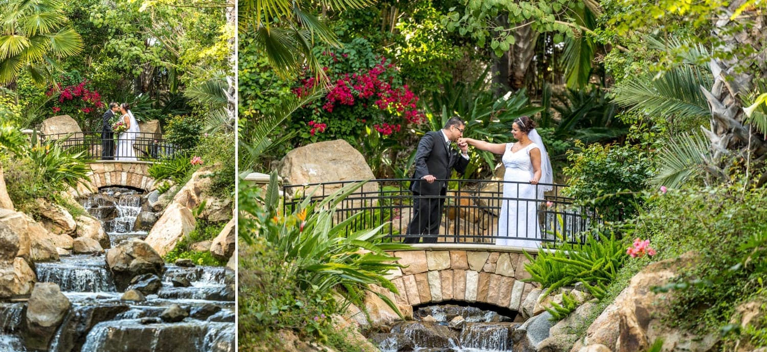 Kissing the brides hand on a bridge over a waterfall