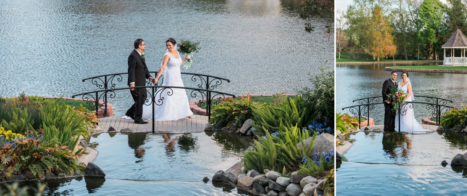 Bride and groom in front of the heart shaped lake at Grand Tradition Estate in Fallbrook California