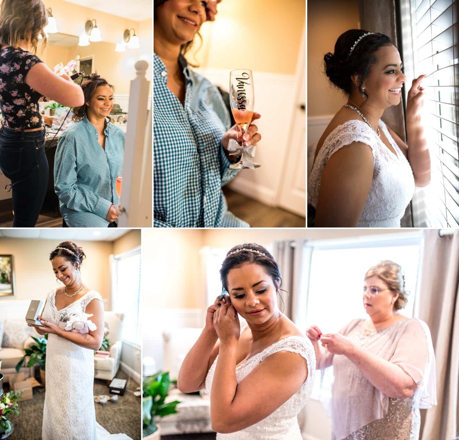 bride getting ready and looking out of window of bridal suite