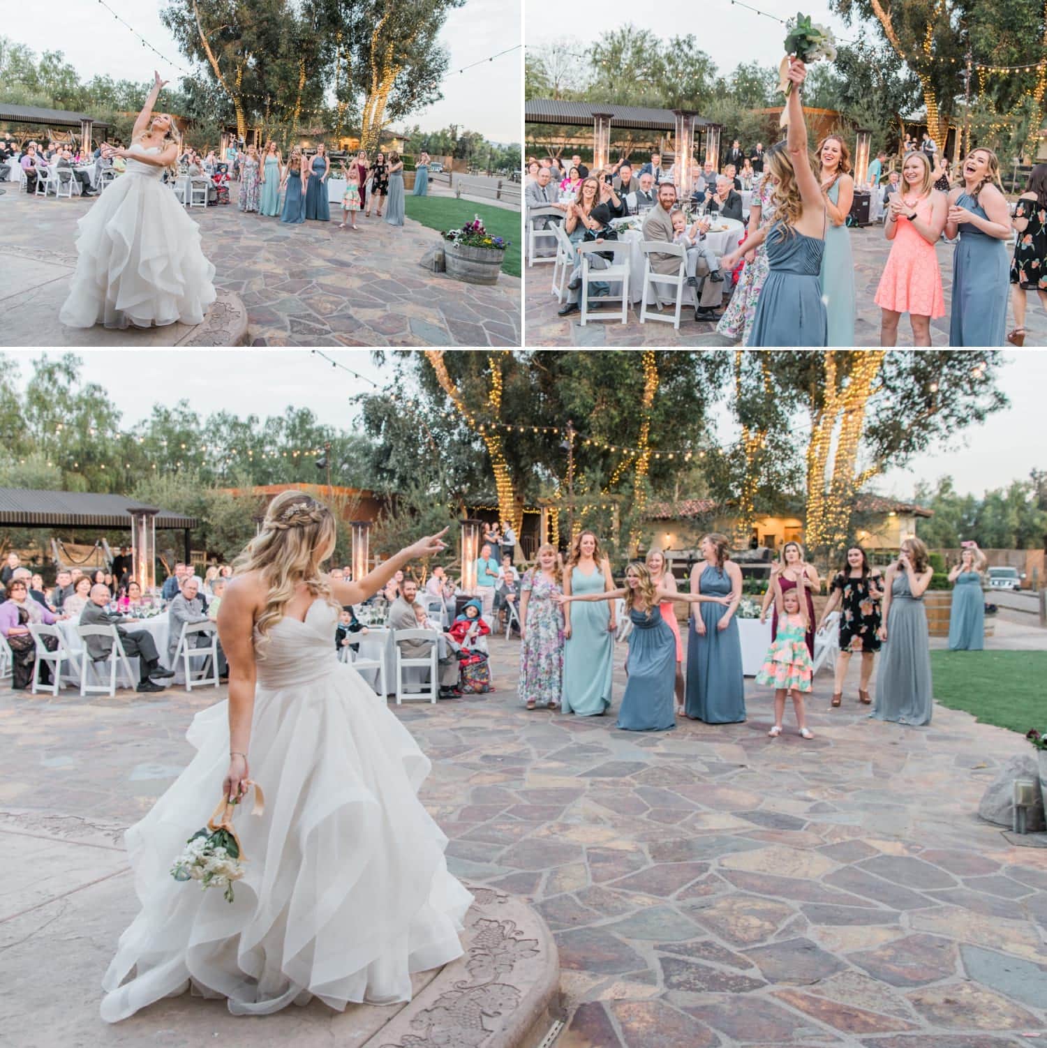 Bride doing her bouquet toss at Lake Oak Meadows reception site.