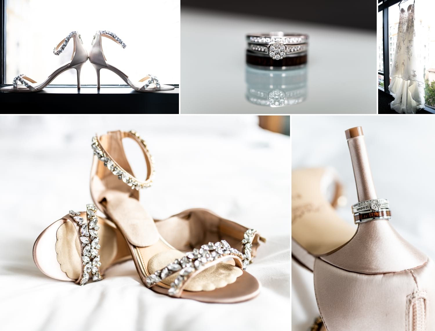 Bride's shoes, dress and ring.