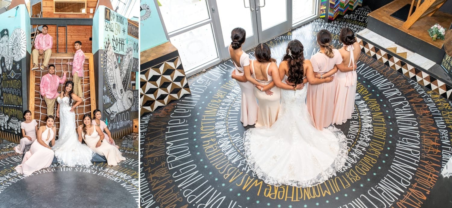 Bride and bridesmaids at the New Children's Museum in San Diego. 