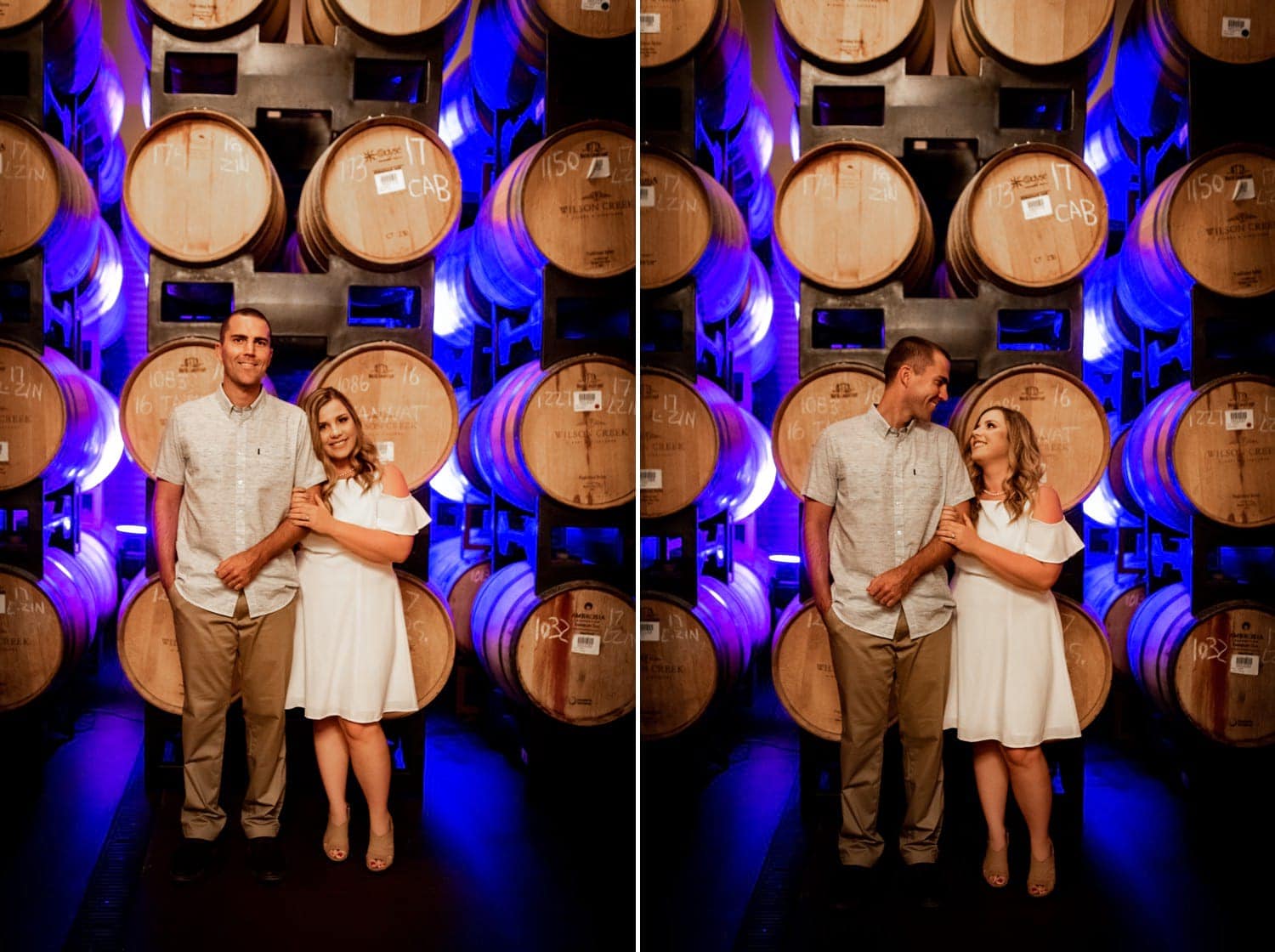 Bride and groom in front of wine barrels at Wilson Creek Winery in Temecula, CA. 