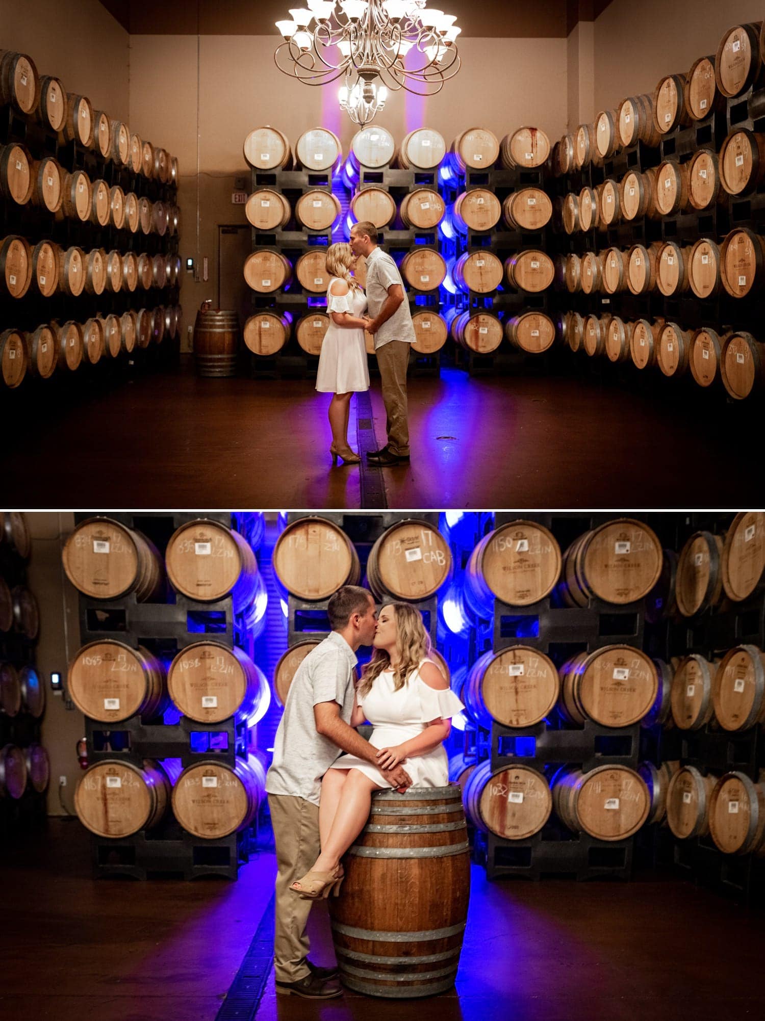 Bride and Groom in the barrel room at Wilson Creek Winery in Temcula, CA. 