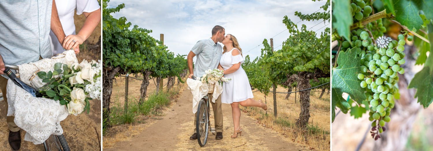 Bride kissing her fiance on a bicycle at a winery. 