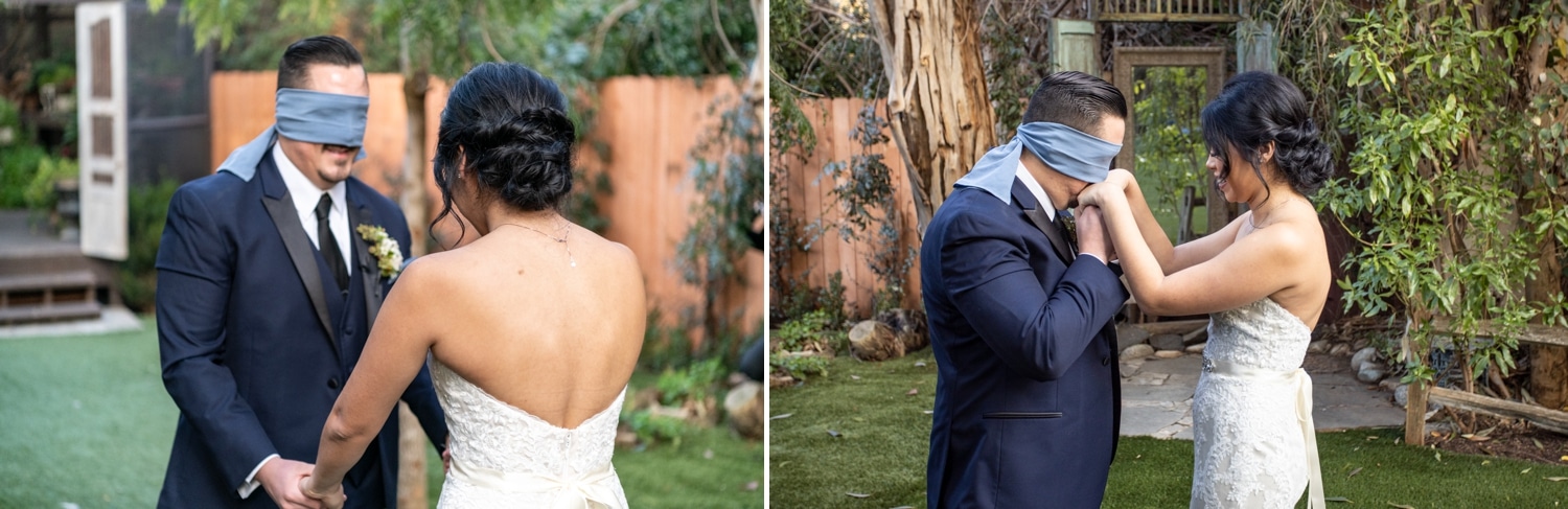 First look between bride and groom at Twin Oaks Gardens in San Marcos, CA.