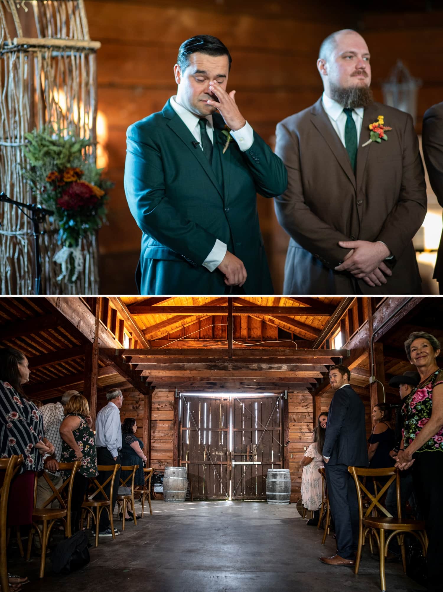 Groom crying at the wedding ceremony before seeing his bride. 