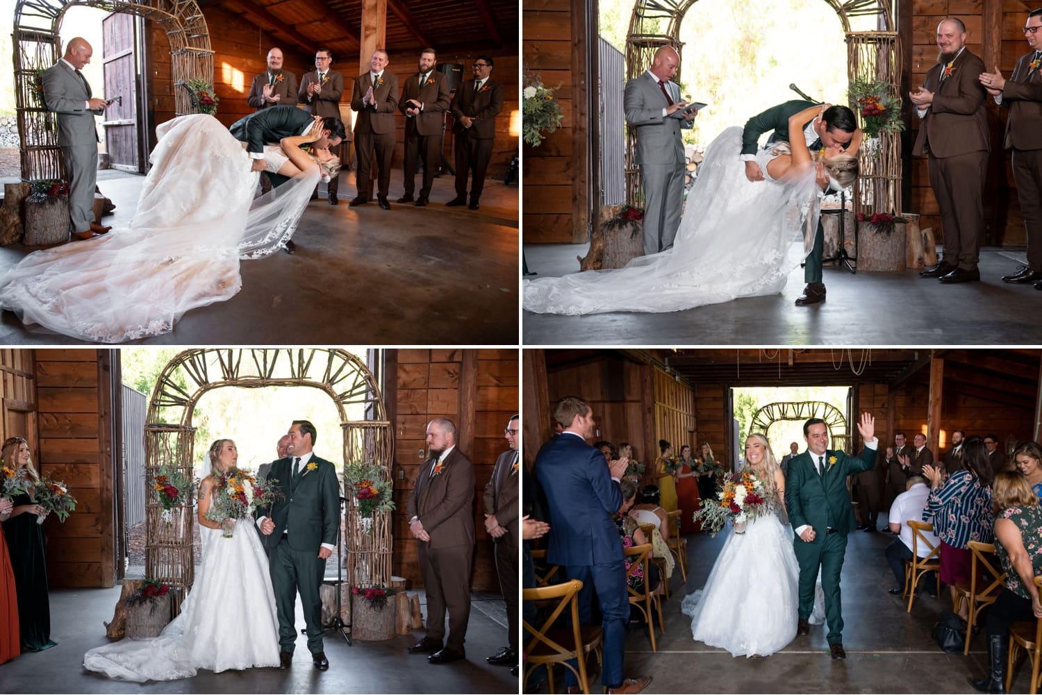 Bride and groom's first kiss in the barn at Ethereal Gardens. 