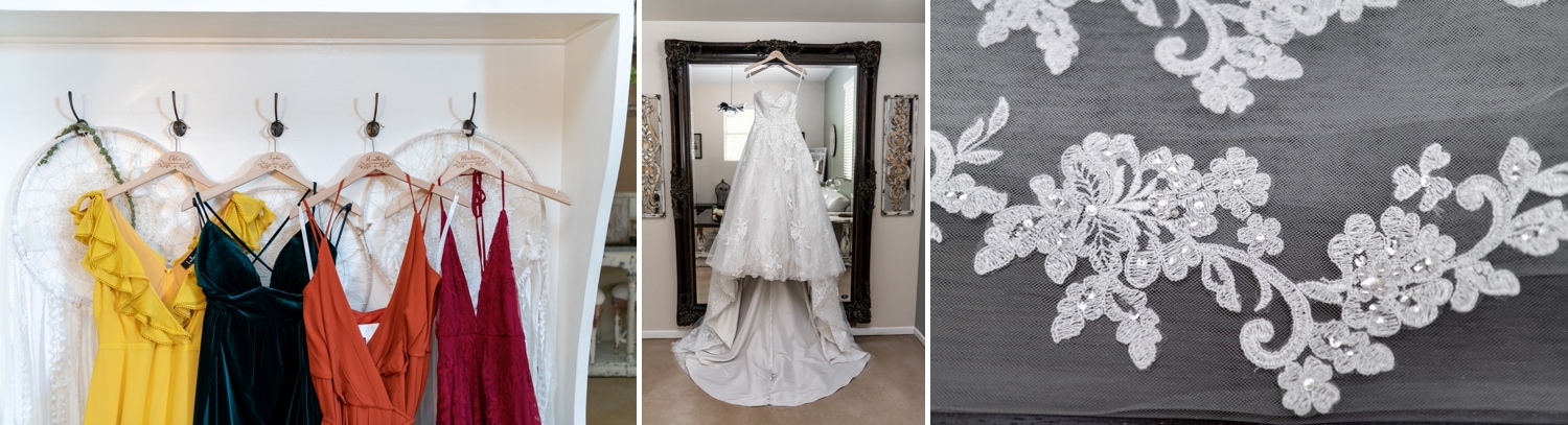 Bride's dress and bridesmaids dress hanging in the bridal suite at Ethereal Gardens in Escondido.